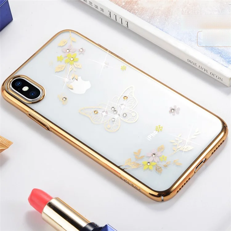 SULADA Rhinestone Decoration Plating Flower Butterfly Pattern PC Hard Case for iPhone X/10 - Gold
