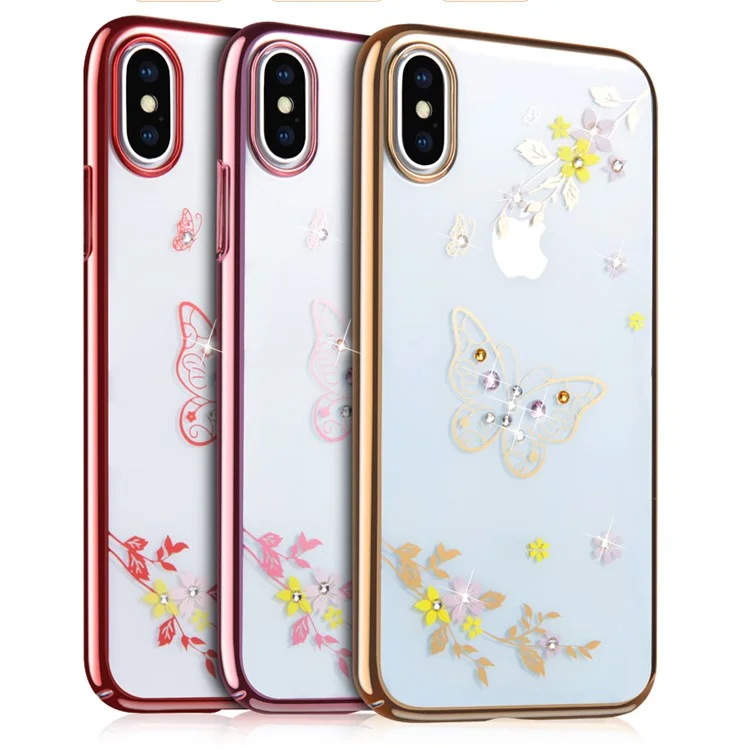 SULADA Rhinestone Decoration Plating Flower Butterfly Pattern PC Hard Case for iPhone X/10 - Gold