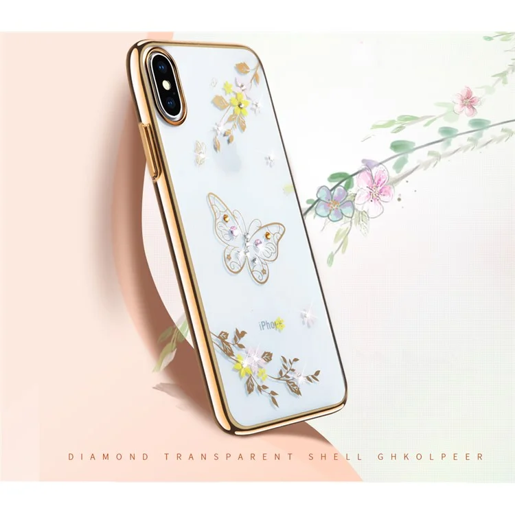 SULADA Rhinestone Decoration Plating Flower Butterfly Pattern PC Hard Case for iPhone X/10 - Gold
