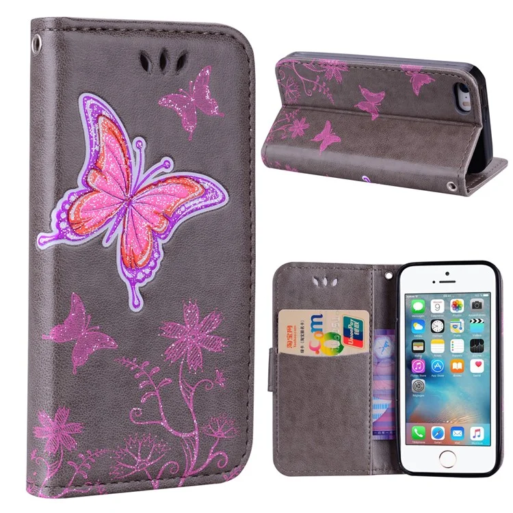 Flash Powder Butterfly Flower Wallet Leather Phone Case for iPhone SE / 5s / 5 - Grey
