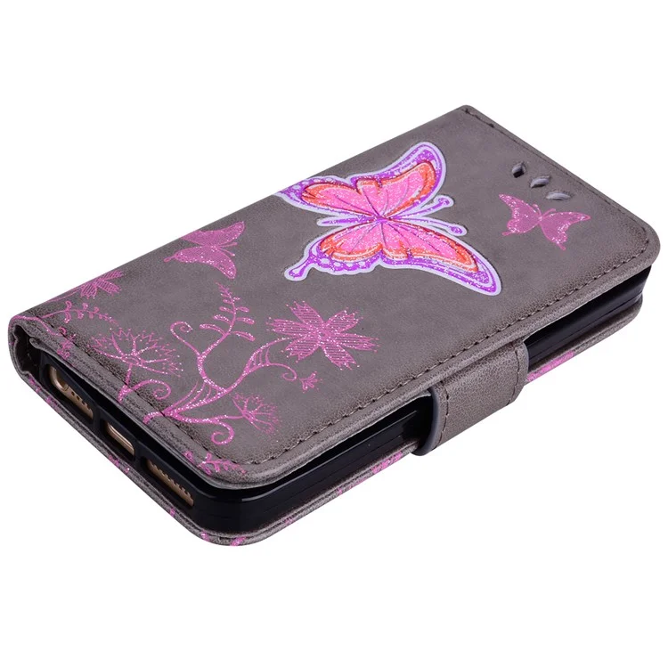 Flash Powder Butterfly Flower Wallet Leather Phone Case for iPhone SE / 5s / 5 - Grey