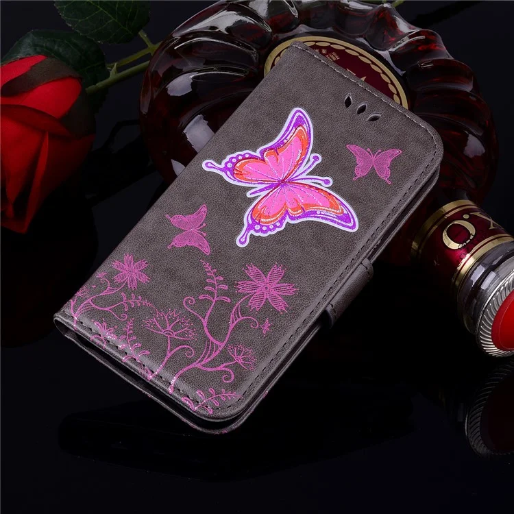 Flash Powder Butterfly Flower Wallet Leather Phone Case for iPhone SE / 5s / 5 - Grey