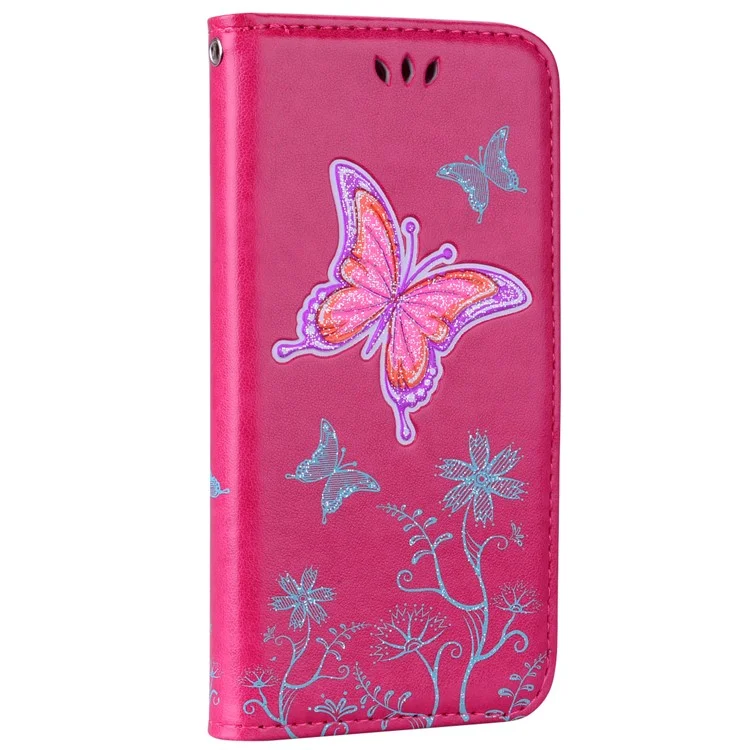Butterfly Flash Powder Leather Wallet Stand Case for iPhone 8/7 4.7 inch - Rose