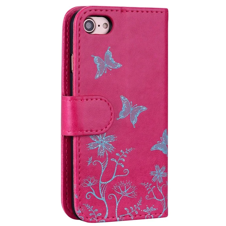 Butterfly Flash Powder Leather Wallet Stand Case for iPhone 8/7 4.7 inch - Rose