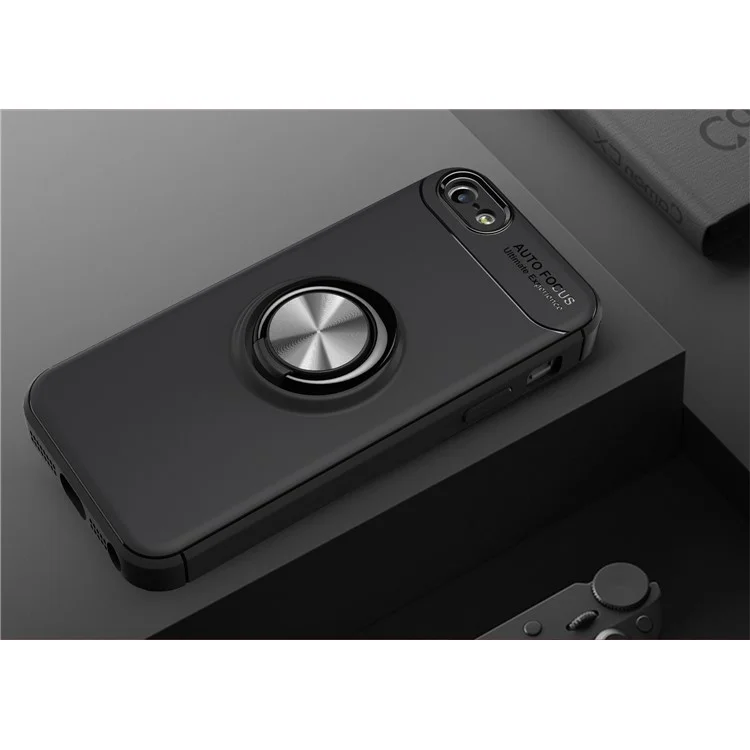 Anti-drop Ring Kickstand TPU TPU Case Para Iphone Se/5s/5 Placa de Hierro Magnético de Metal Incorporada - Negro / Gris