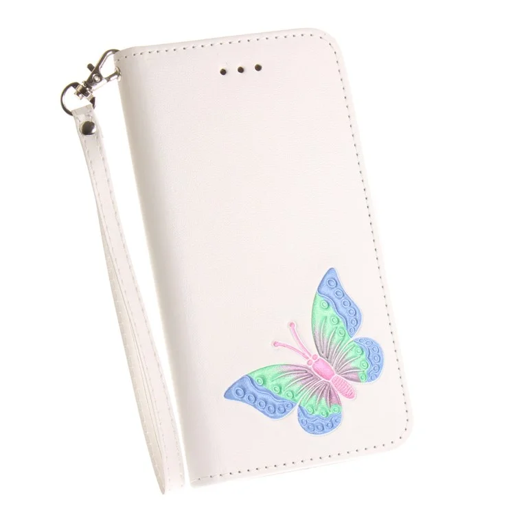 Hand-painted Butterfly Pattern Leather Wallet Case with Strap for iPhone 8 Plus / 7 Plus - White