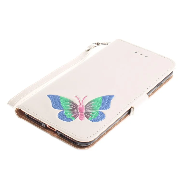 Hand-painted Butterfly Pattern Leather Wallet Case with Strap for iPhone 8 Plus / 7 Plus - White
