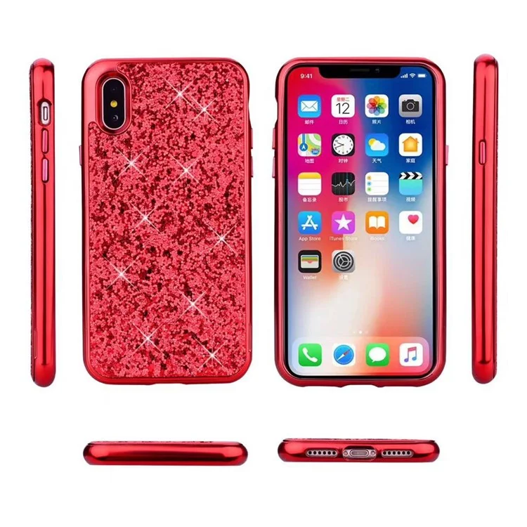 Detachable 2-in-1 Glittery Sequins PC Back + Electroplating PC Edge Case for iPhone X - Red