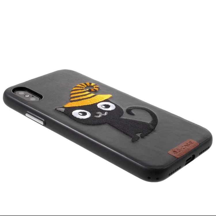 G-CASE Embroidery Leather Coated TPU Mobile Case for iPhone X/10 with Tempered Glass Screen Protector - Cat with Hat