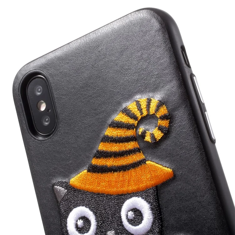 G-CASE Embroidery Leather Coated TPU Mobile Case for iPhone X/10 with Tempered Glass Screen Protector - Cat with Hat