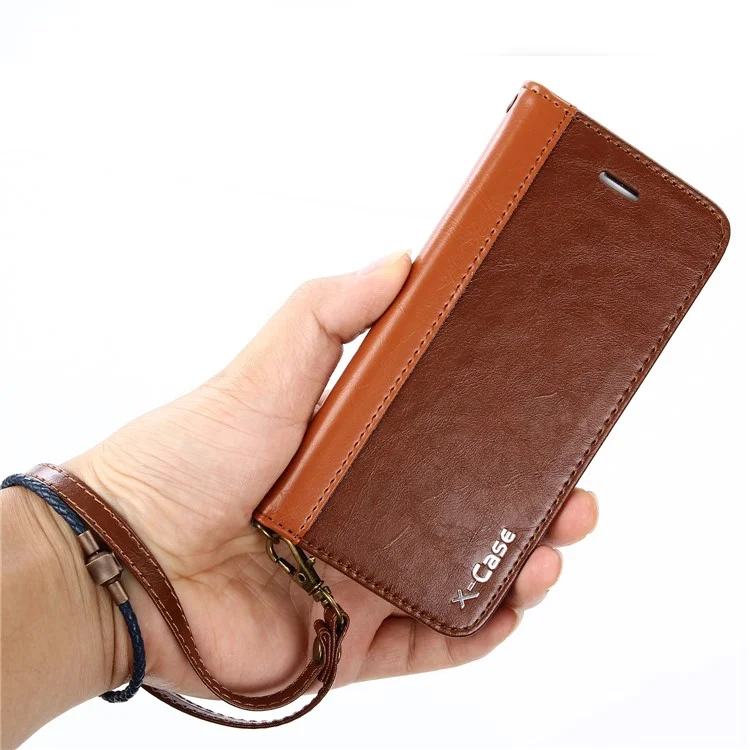 XCASE Splicing Genuine Leather Auto-absorbed Stand Case with Card Slot for iPhone 8 Plus / 7 Plus 5.5 inch - Brown