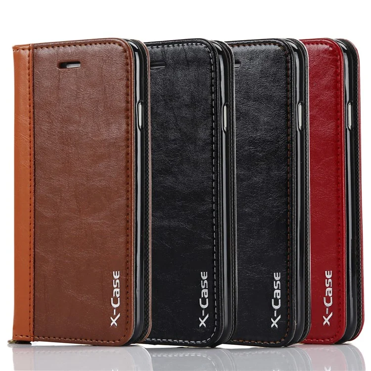 XCASE Splicing Genuine Leather Auto-absorbed Stand Case with Card Slot for iPhone 8 Plus / 7 Plus 5.5 inch - Brown