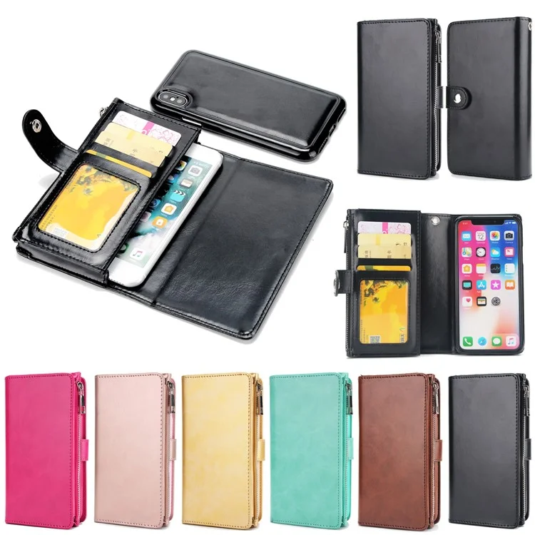Detachable 2-in-1 Double Side Pockets Leather Zipper Wallet Case for iPhone X - Black