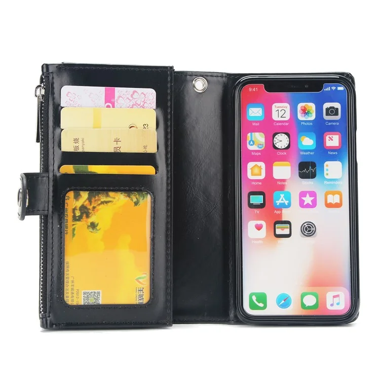 Detachable 2-in-1 Double Side Pockets Leather Zipper Wallet Case for iPhone X - Black