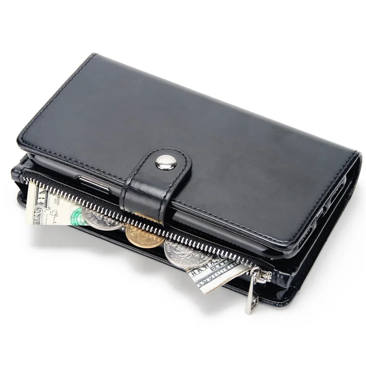 Detachable 2-in-1 Double Side Pockets Leather Zipper Wallet Case for iPhone X - Black
