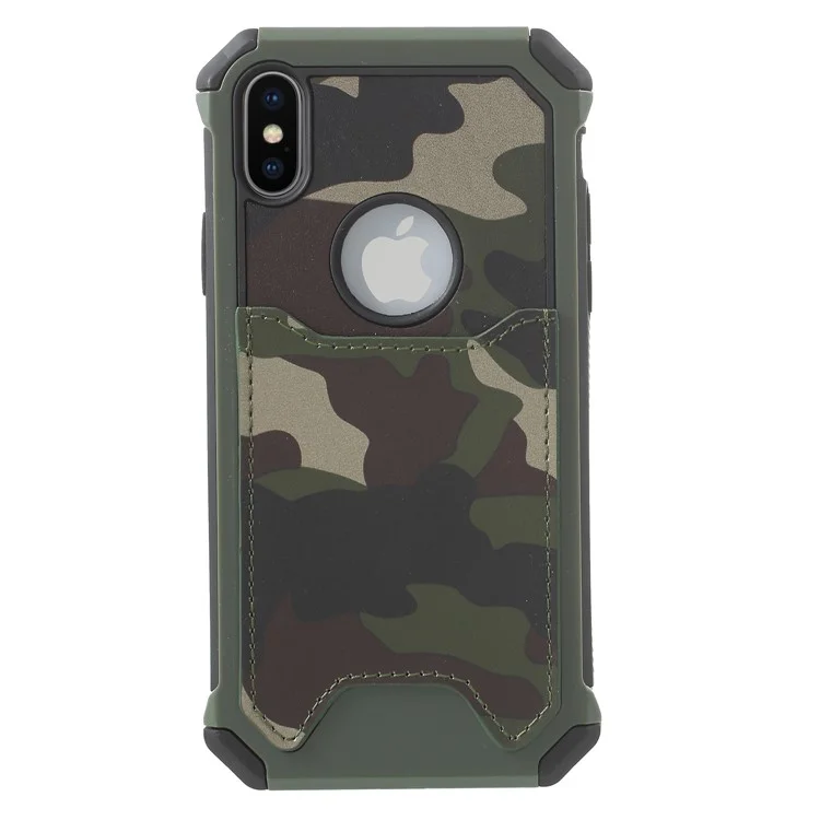 Camouflage Leather Coated Card Holder PC TPU Hybrid Case for iPhone X - Green