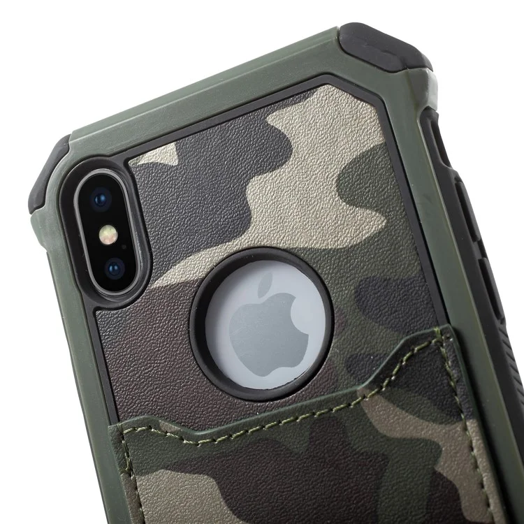 Camouflage Leather Coated Card Holder PC TPU Hybrid Case for iPhone X - Green