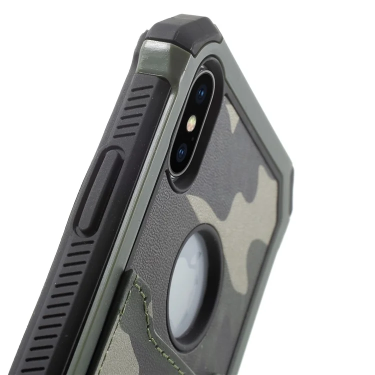 Camouflage Leather Coated Card Holder PC TPU Hybrid Case for iPhone X - Green