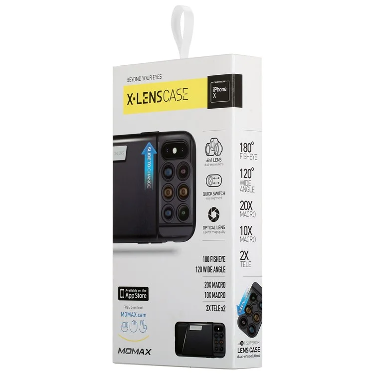 MOMAX X-Lens Case 6 in 1 Dual Optics Lens Kit (180° Fisheye, 2X Telephoto, 120° Wide-angle, 10X/20X Macro) for iPhone X