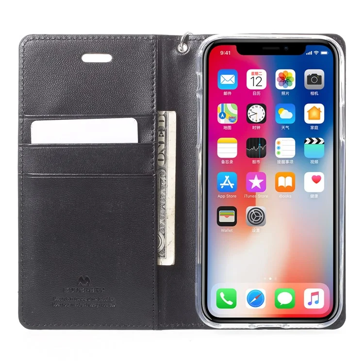 MERCURY GOOSPERY Blue Moon Wallet Leather Case with Hand Strap for iPhone X - Black