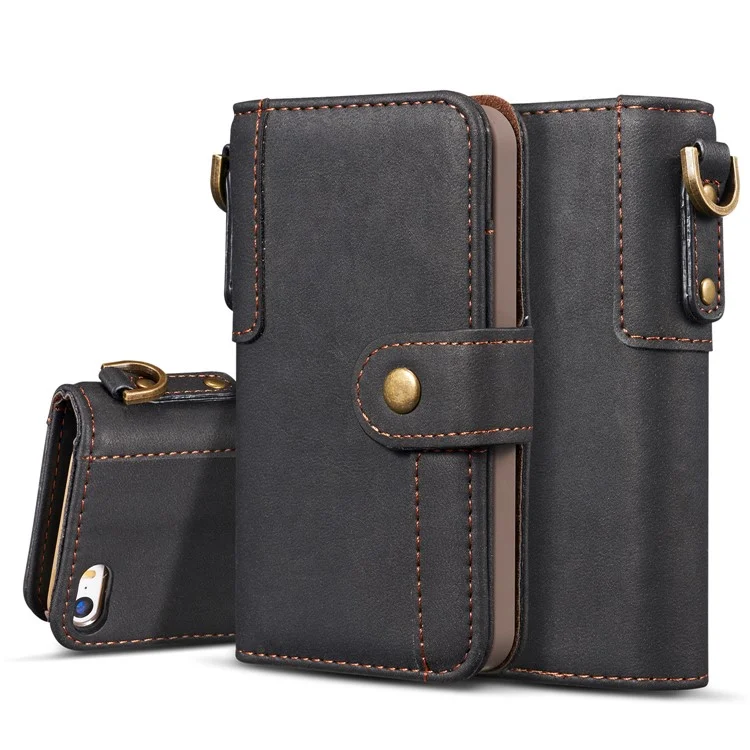 Retro Style Split Leather Wallet Stand Phone Flip Case with Strap for iPhone SE/5s/5 - Black