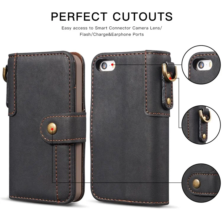 Retro Style Split Leather Wallet Stand Phone Flip Case with Strap for iPhone SE/5s/5 - Black