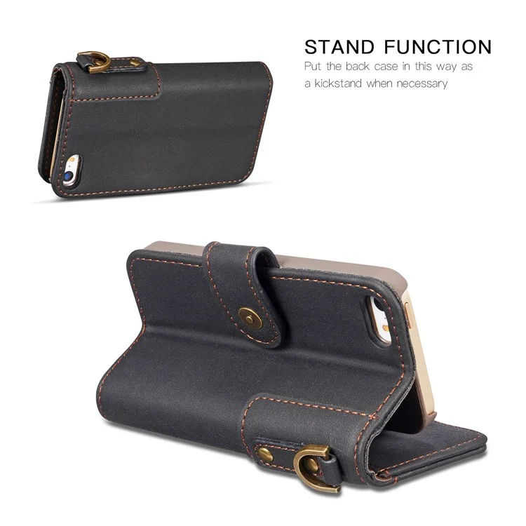 Retro Style Split Leather Wallet Stand Phone Flip Case with Strap for iPhone SE/5s/5 - Black