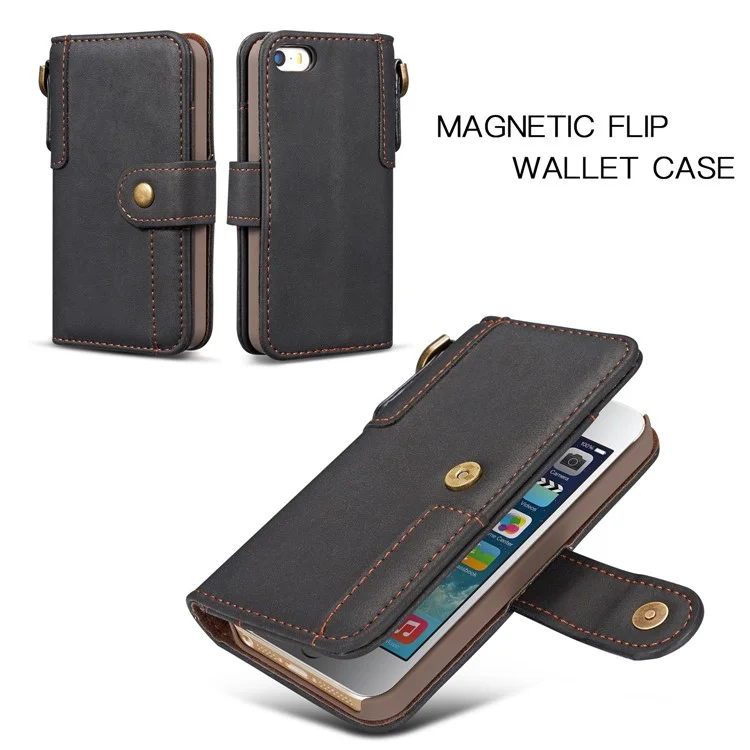 Retro Style Split Leather Wallet Stand Phone Flip Case with Strap for iPhone SE/5s/5 - Black