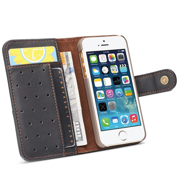 Retro Style Split Leather Wallet Stand Phone Flip Case with Strap for iPhone SE/5s/5 - Black