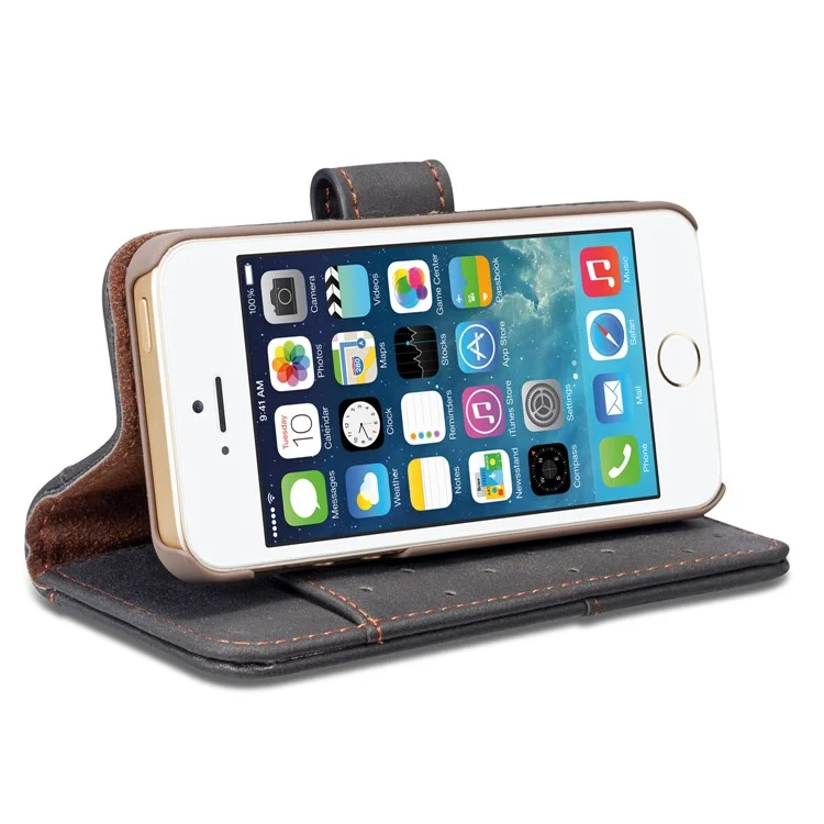 Retro Style Split Leather Wallet Stand Phone Flip Case with Strap for iPhone SE/5s/5 - Black