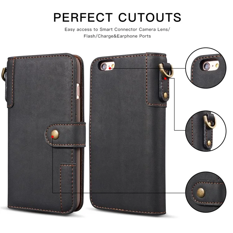 Retro Style Split Leather Wallet Stand Phone Flip Case with Strap for iPhone 6s Plus / 6 Plus 5.5-inch - Black