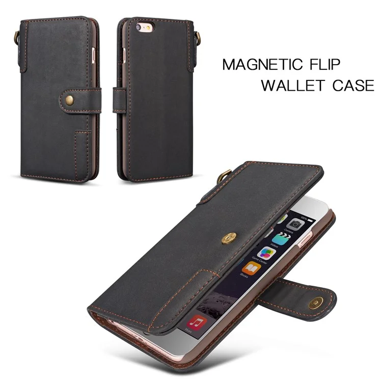 Retro Style Split Leather Wallet Stand Phone Flip Case with Strap for iPhone 6s Plus / 6 Plus 5.5-inch - Black