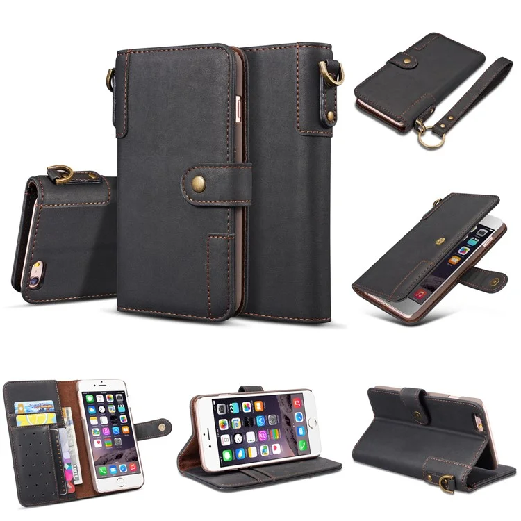 Retro Style Split Leather Wallet Stand Phone Flip Case with Strap for iPhone 6s Plus / 6 Plus 5.5-inch - Black