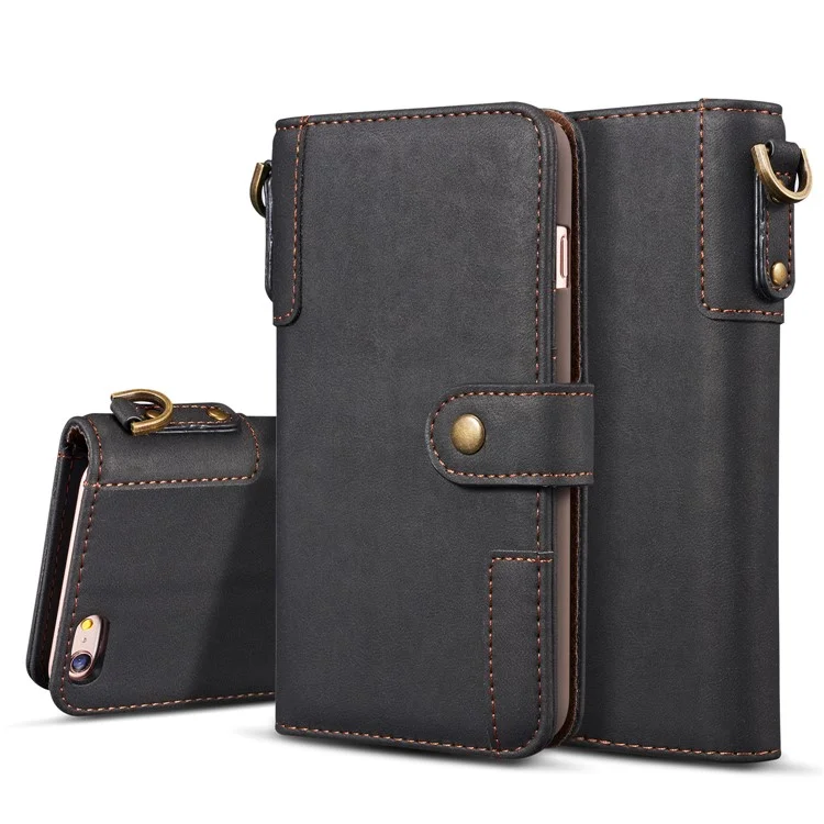 Retro Style Split Leather Wallet Stand Phone Flip Case with Strap for iPhone 8/7 4.7 inch - Black