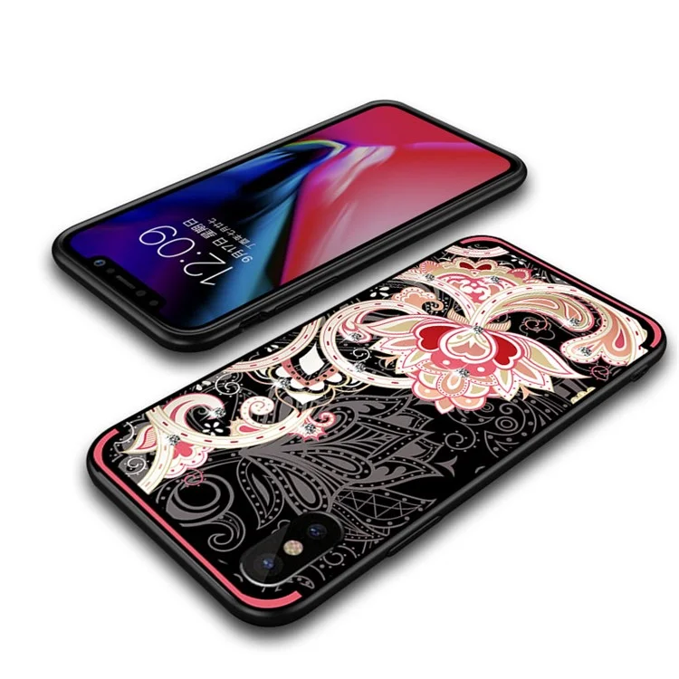 NXE Unique Series Flower Pattern Printing Rhinestone Decorated Soft TPU Case for iPhone X - Red