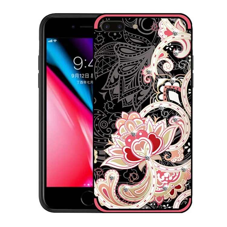 NXE Unique Series Flower Pattern Printing Rhinestone Decorated Soft TPU Case for iPhone 8 Plus/7 Plus - Red