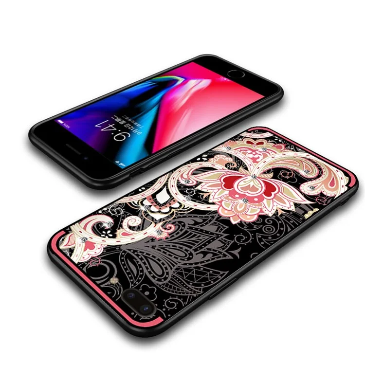 NXE Unique Series Flower Pattern Printing Rhinestone Decorated Soft TPU Case for iPhone 8 Plus/7 Plus - Red