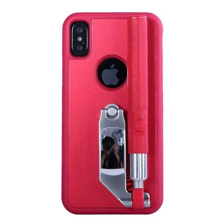 Portable Extendable Monopod Wired Selfie Stick TPU + PC Kickstand Mobile Case for iPhone X/10 - Red