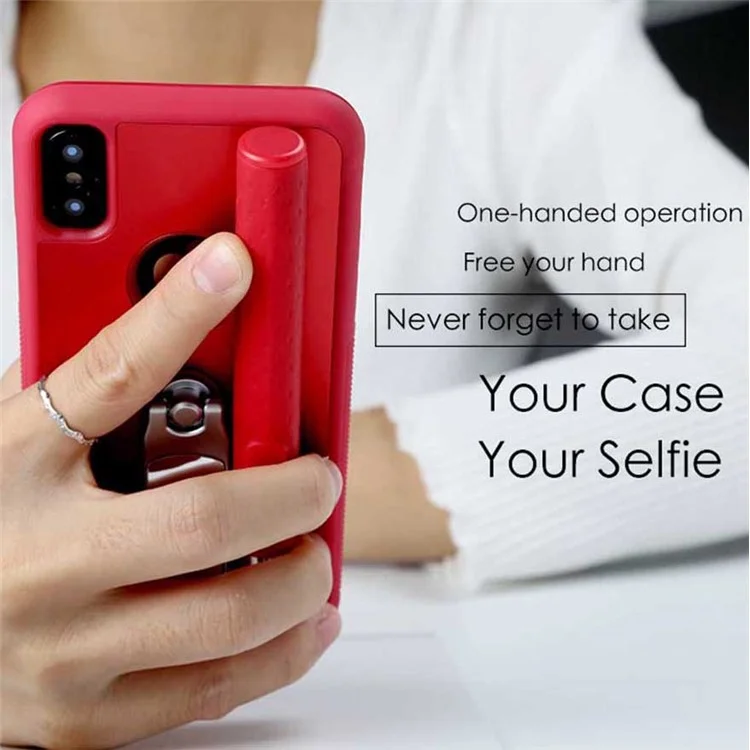 Portable Extendable Monopod Wired Selfie Stick TPU + PC Kickstand Mobile Case for iPhone X/10 - Red