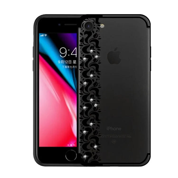 NXE Pity Smoke Series Floral Pattern Rhinestone Decor TPU Case for iPhone 8/7 - Black