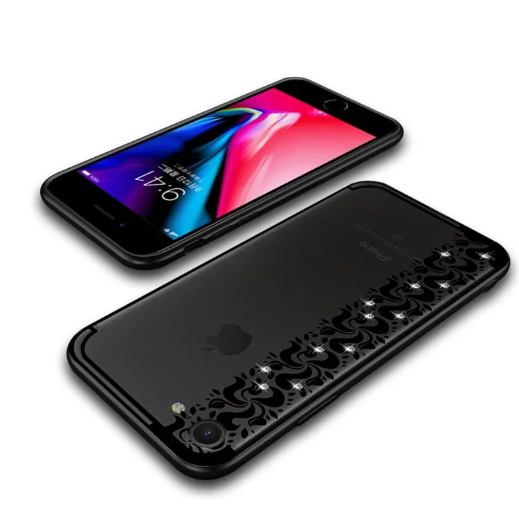NXE Pity Smoke Series Floral Pattern Rhinestone Decor TPU Case for iPhone 8/7 - Black