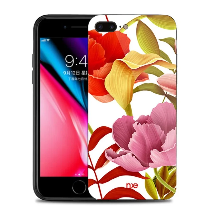 NXE Flor Pattern Printing Glass TPU Hybrid Case Para Iphone 8 Plus / 7 Plus - Flor Vermelha e Amarela e Rosa