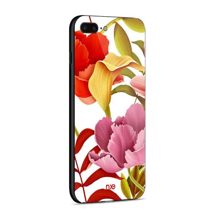 NXE Flor Pattern Printing Glass TPU Hybrid Case Para Iphone 8 Plus / 7 Plus - Flor Vermelha e Amarela e Rosa