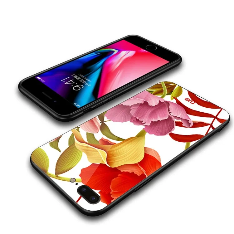 NXE Flower Pattern Printing Glass TPU Hybrid Case for iPhone 8 Plus / 7 Plus - Red and Yellow and Pink Flower