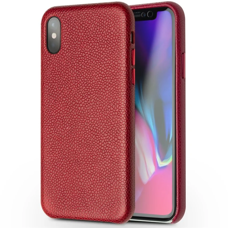Qialino para iphone x (dez) / XS 5,8 Polegada Clássico Litchi Textura De Bezerro Pele Genuína Couro Revestido De Pc Protetora Caso De Volta - Vinho Vermelho