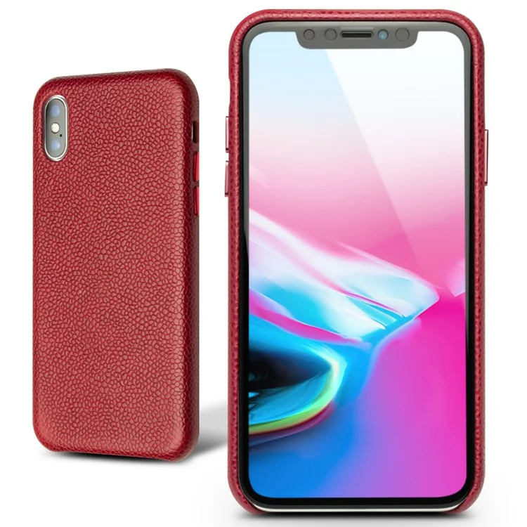 Qialino para iphone x (dez) / XS 5,8 Polegada Clássico Litchi Textura De Bezerro Pele Genuína Couro Revestido De Pc Protetora Caso De Volta - Vinho Vermelho