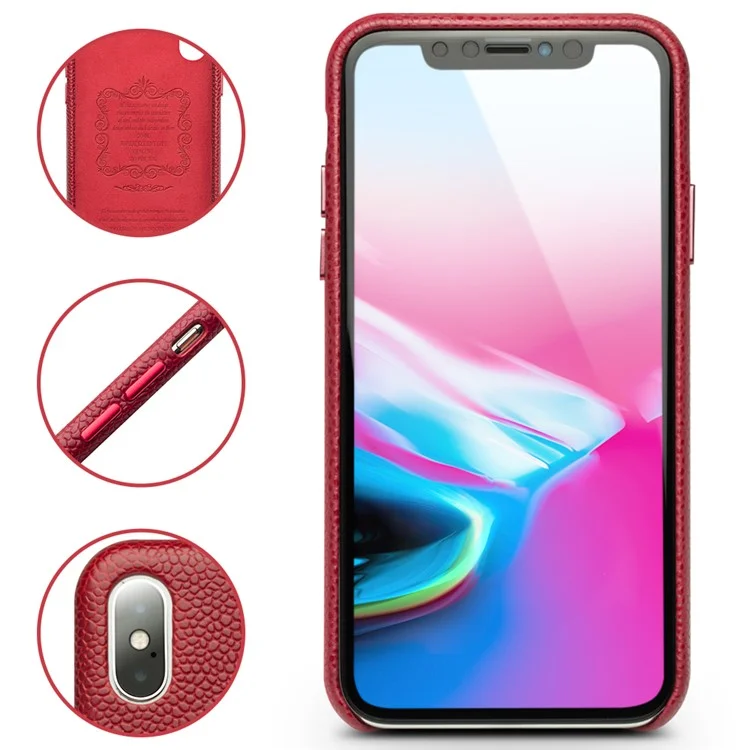 Qialino para iphone x (dez) / XS 5,8 Polegada Clássico Litchi Textura De Bezerro Pele Genuína Couro Revestido De Pc Protetora Caso De Volta - Vinho Vermelho