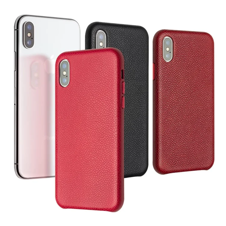 Qialino para iphone x (dez) / XS 5,8 Polegada Clássico Litchi Textura De Bezerro Pele Genuína Couro Revestido De Pc Protetora Caso De Volta - Vinho Vermelho