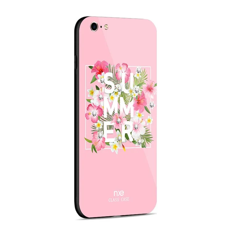 NXE Rhinestone Decor Pattern Printing Glass Case TPU + PC Hybrid Case for iPhone 6s / 6 - Summer Flowers / Rose