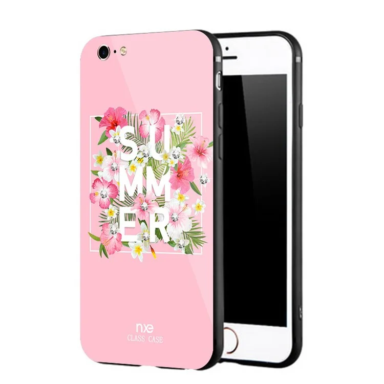 NXE Rhinestone Decor Pattern Printing Glass Case TPU + PC Hybrid Case for iPhone 6s / 6 - Summer Flowers / Rose